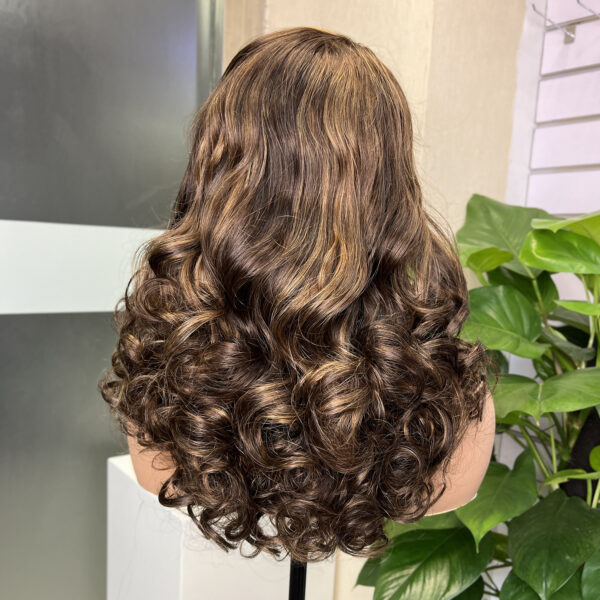 #4/27 Highlight 5x5 Glueless Double Drawn Bouncy Curl Transparent Lace Closure Wig - Image 3